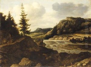A Mountainous River Landscape With Travellers, A Herder And Sheep In The Foreground, A Mill On The Far River-bank