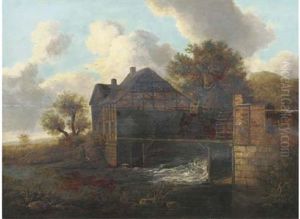 A Watermill With A Peasant And His Dog By A River by Allaert van Everdingen