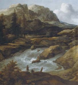 A Swedish River Landscape With A Waterfall And A Cabin In The Distance