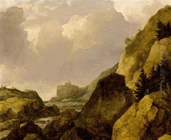 A Scandinavian Rocky River Landscape With Figures Near Trees - view 1