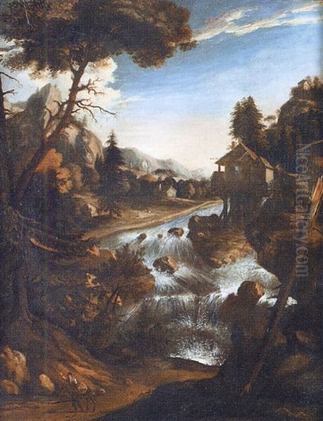 Paysage Boise Avec Muletier Pres D'une Cascade - view 1
