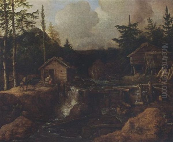 A Scandinavian Wooded Landscape With Figures Near A Waterfall, A Timberyard Nearby - view 1