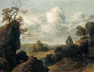 A Mountainous Landscape With Travellers And Huntsman Before A Hill-top Town by Allaert van Everdingen