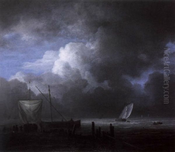 Sailing Barges At Low Tide On A Beach With Elegant Figures, A Sailing Boat In Rough Waters In The Distance - view 1