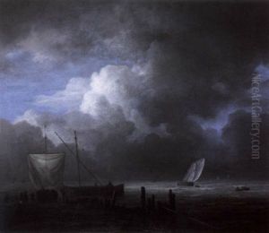 Sailing Barges At Low Tide On A Beach With Elegant Figures, A Sailing Boat In Rough Waters In The Distance by Allaert van Everdingen