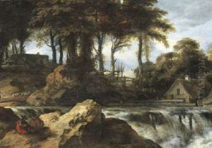 A Wooded Landscape With Artists Sketching By A Waterfall by Allaert van Everdingen