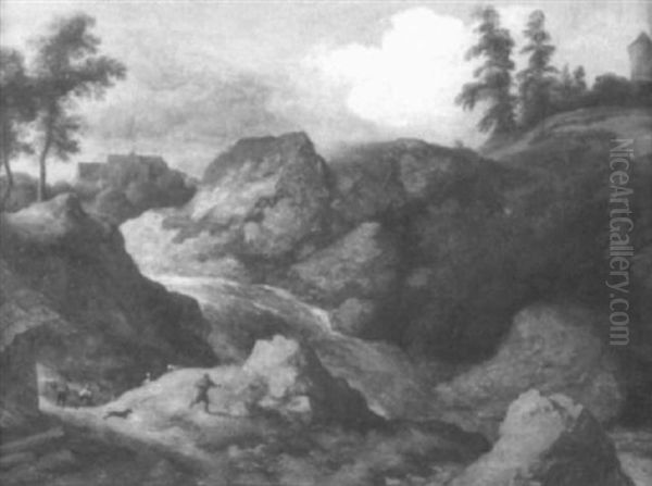 Nordische Landschaft Mit Tannen Und Eichen Bewachsenen Felsen Und Wasserfall - view 1