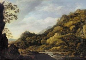 A Scandinavian Landscape With Peasants Gathering Wood By A River by Allaert van Everdingen