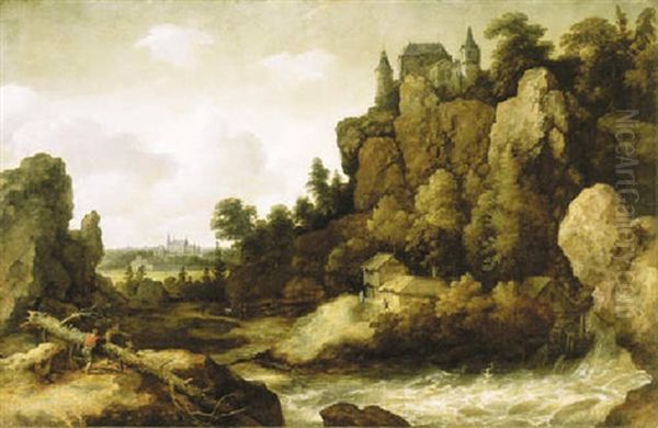 An Extensive Nordic River Landscape With Figures By A Fallen Tree, A Castle On A Clifftop And A Distant City Beyond - view 1