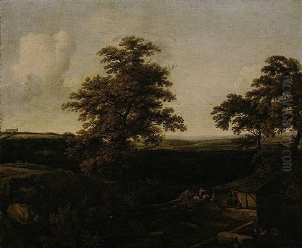 An Extensive Wooded Landscape With A Covered Wagon Approaching A Cottage, A Distant View Of A Country House Beyond - view 1
