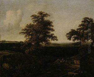 An Extensive Wooded Landscape With A Covered Wagon Approaching A Cottage, A Distant View Of A Country House Beyond by Allaert van Everdingen