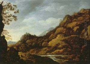 A Rocky Riverlandscape With Peasants Gathering Wood, Hilltop Houses And Mountains Beyond A Rocky Riverlandscape With Peasants Gathering Wood, Hilltop Houses And Mountains Beyond