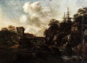 A Rocky River Landscape With Figures In The Foreground, A Ruined Tower Beyond by Allaert van Everdingen
