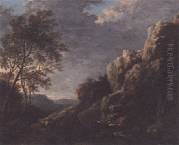 A Rocky Landscape With A Drover On A Mountainous Track - view 1