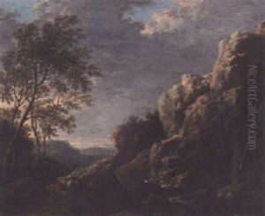 A Rocky Landscape With A Drover On A Mountainous Track by Allaert van Everdingen