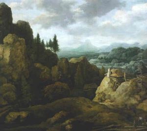 A Scandinavian Landscape With Woodcutters Resting Below A Cabin by Allaert van Everdingen