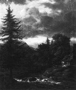 A Norwegian Landscape With A Cottage And Peasants Resting On The Bank by Allaert van Everdingen