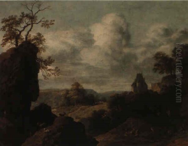 A Rocky Landscape With Goats And Travellers Near A Castle - view 1