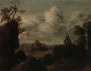 A Rocky Landscape With Goats And Travellers Near A Castle by Allaert van Everdingen