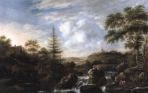 Felsige Landschaft Mit Mehreren Wasserfallen by Allaert van Everdingen