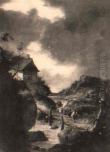 River Landscape With Figures On A Bridge