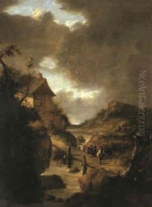 A Wooded River Landscape With Figures On A Bridge Before A Cottage by Allaert van Everdingen