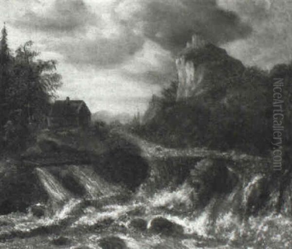 Rocky River Landscape With Isolated Dwelling Beneath Fir Trees - view 1