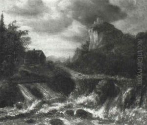 Rocky River Landscape With Isolated Dwelling Beneath Fir Trees by Allaert van Everdingen