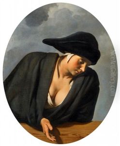 Young Woman In A Black Hat On A Balustrade by Cesar Boetius van Everdingen
