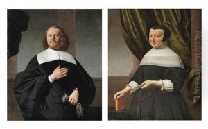 Portrait Of Nanning Van Veen In A Black Costume With A White Collar, Holding A Pair Of Gloves (+ Portrait Of Isabella Van Tienen In A Black Dress...; Pair) by Cesar Boetius van Everdingen