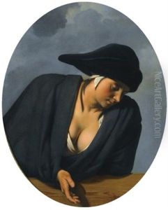 A Peasant Woman Wearing A Black Hat, Leaning On A Wooden Ledge by Cesar Boetius van Everdingen