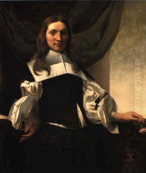 Portrait Of A Young Man Standing Before A Green Curtain And Draped Ledge - view 1