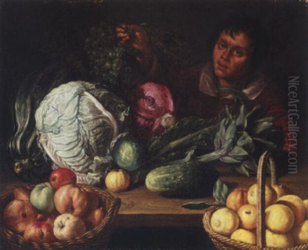A Still Life With Marrows, Cabbages, An Artichoke, Baskets Of Apples And Lemons, Toegther With A Boy Holding A Bunch Of Grapes - view 1