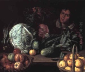 Still Life Of Vegetables And Fruit With A Youth Holding A Bunch Of Grapes by Cornelis Willemsz Eversdyck