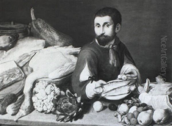 A Peasant At A Table Laiden With Game, Fish, Vegetables And A Ham - view 1