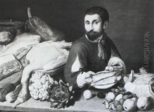 A Peasant At A Table Laiden With Game, Fish, Vegetables And A Ham