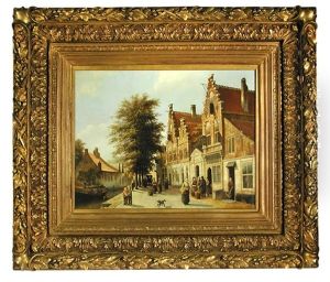 A View In A Town Beside A Canal With Conversing Figures