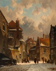 Figures In The Snow-covered Village Street On A Sunny Day by Adrianus Eversen