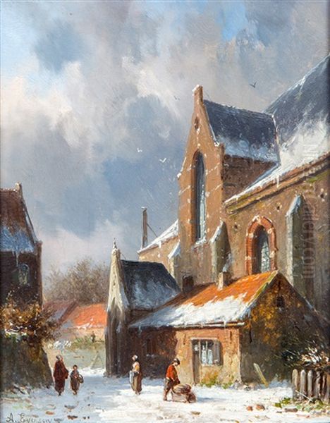 A Snow-covered Dutch Church Square - view 1