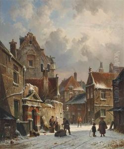 Townsfolk On A Snow Covered Street by Adrianus Eversen