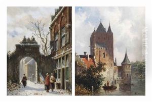 Two Men Fishing Near A Building On A Summer Day; And Early Morning Chat On A Snow-covered Street