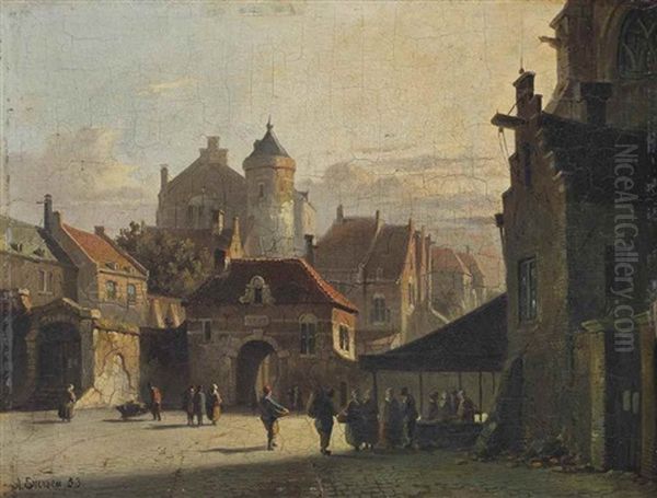 A Sunlit Town With Figures Near A Market Stall - view 1