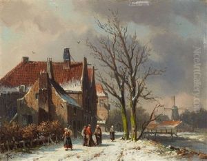 Dutch City By A Canal In Winter by Adrianus Eversen