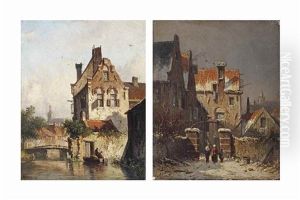 Fishing On A Sunny Day; And Figures In A Snow Covered Street In Winter by Adrianus Eversen