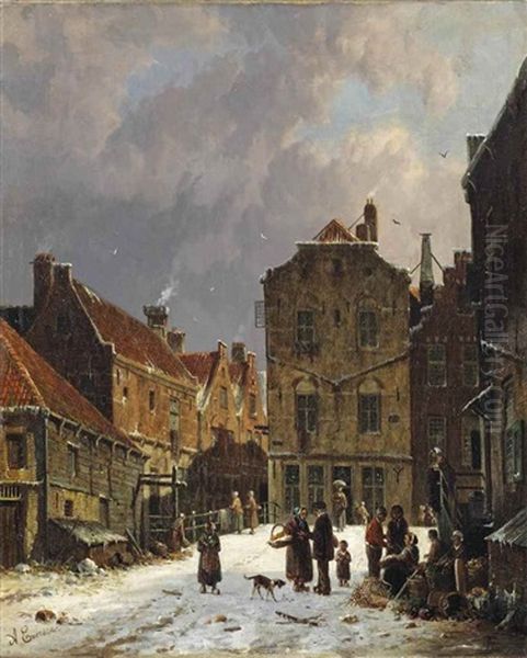 Vegetable Sellers In A Snow-covered Dutch Town - view 1