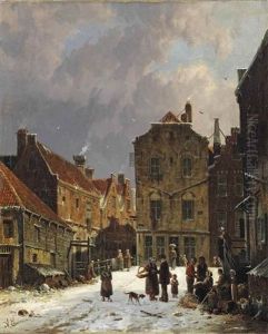 Vegetable Sellers In A Snow-covered Dutch Town by Adrianus Eversen