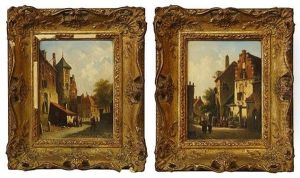 Figures In A City Street (a Pair) by Adrianus Eversen