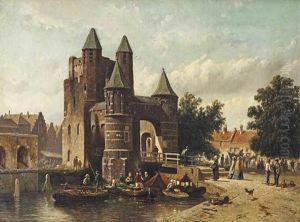 A Capriccio View Of The Amsterdamse Poort, Haarlem by Adrianus Eversen