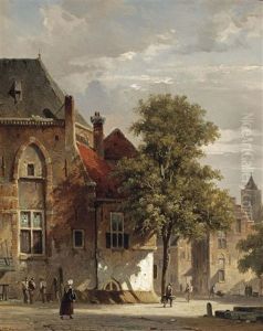 View Of Belgium: Villagers In A Sunlit Town by Adrianus Eversen