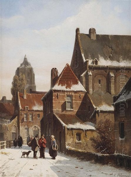 Figures Conversing On A Snowy Village Road - view 1